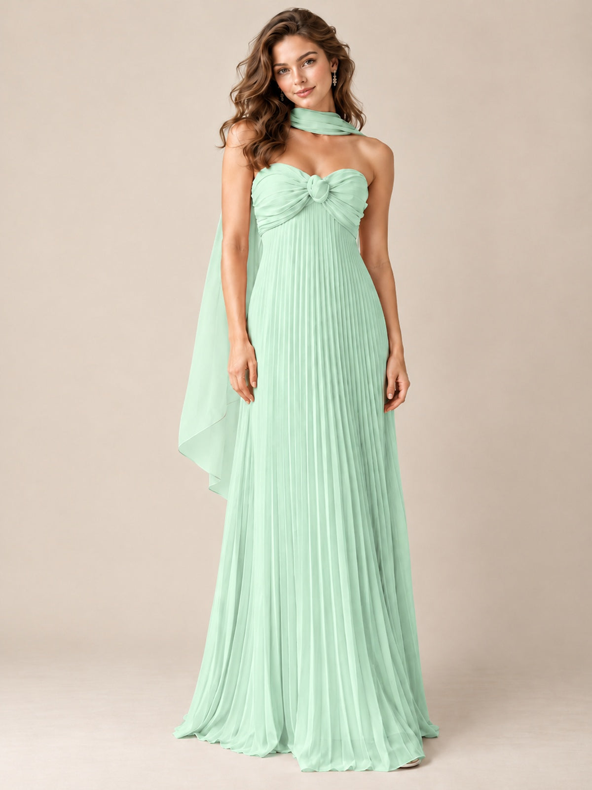 Sweetheart Neckline Pleated Prom Dress Strapless A-line Formal Dress with Flowy Scarf