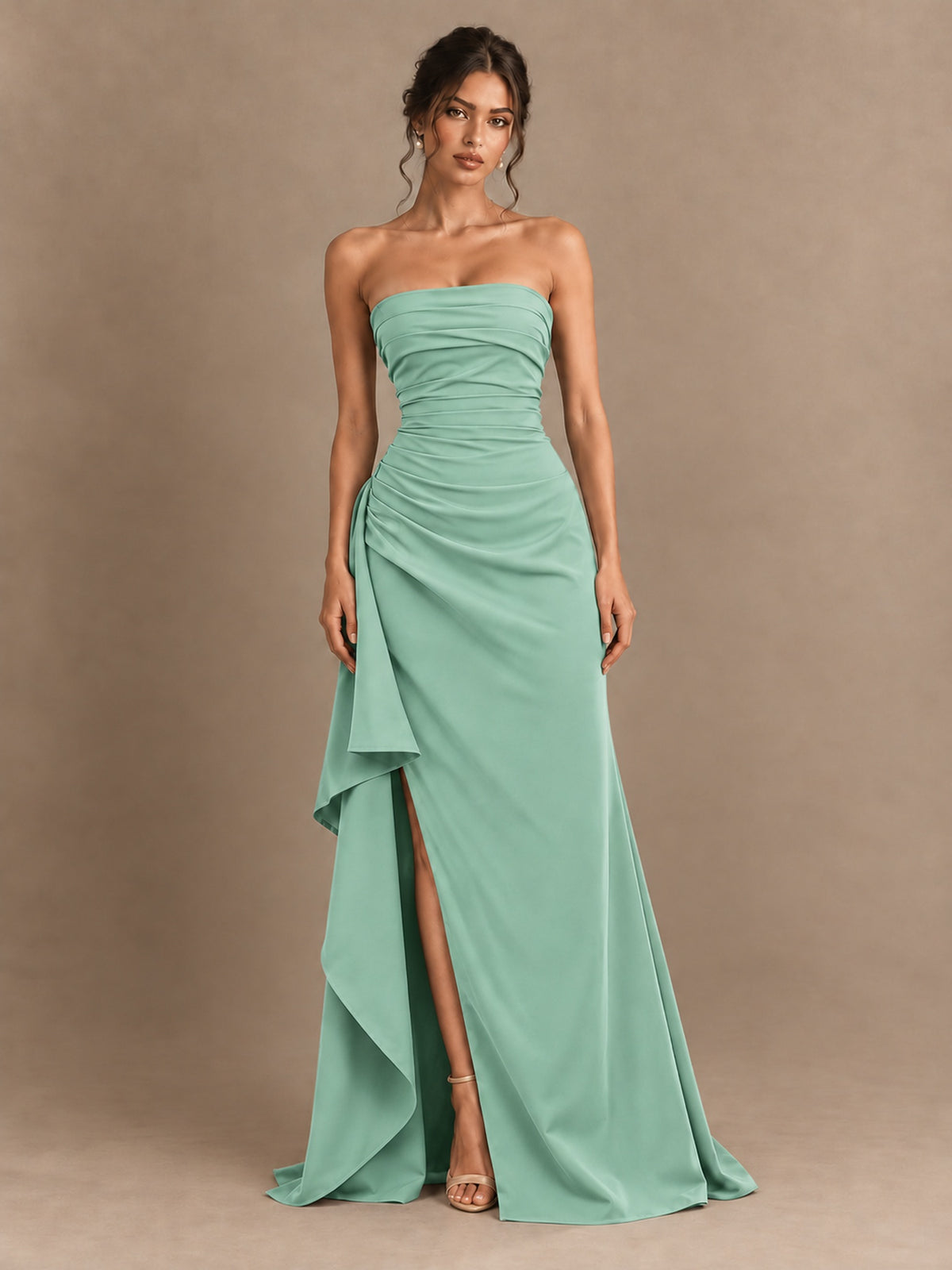 Black and White Strapless Ruched Prom Dress with High Slit & Side Drape
