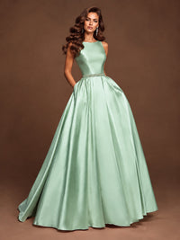 Satin A-Line Prom Dress Sleeveless Beaded Waist Formal Gown with Pockets