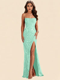 Sequin Lace Appliques Mermaid Prom Dress Spaghetti Strap Formal Gowns with Slit