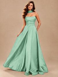 Strapless Prom Dress Side High Slit A-line Formal Dress with Scarf