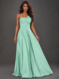 Draped Satin Prom Dress Strapless A-line Formal Dress Floor Length