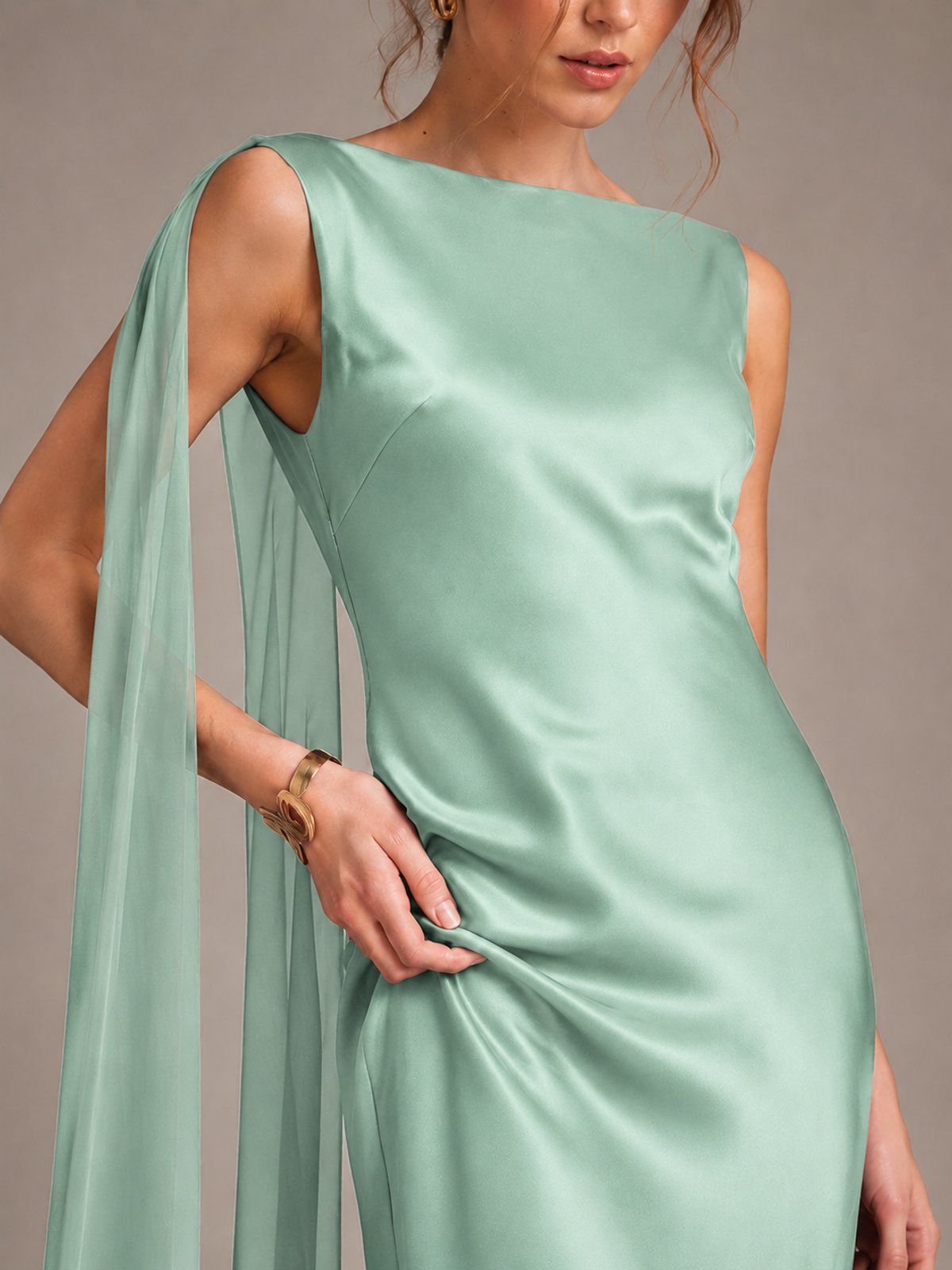 Burgundy Satin Mermaid Cape Maxi Dress
