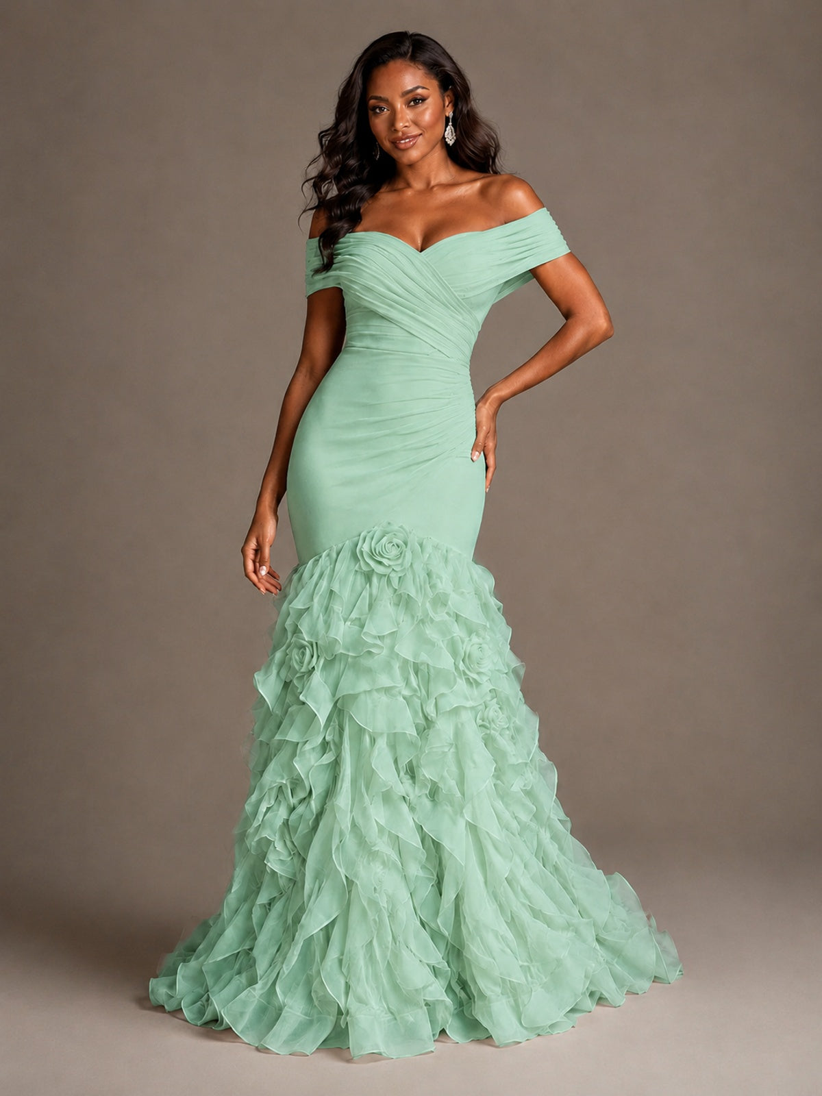 Pink Off-the-Shoulder Mermaid Prom Dress with Ruffles 3D Flowers