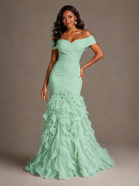 Pink Off-the-Shoulder Mermaid Prom Dress with Ruffles 3D Flowers