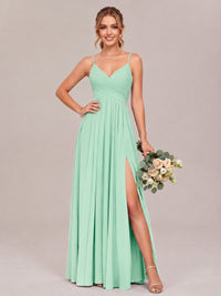 Mint Green Spaghetti Straps Pleated Chiffon Bridesmaid Dress with Slit V-Neck A-line Long Formal Evening Wedding Guest Gown