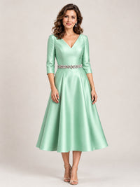 Mint Green V-Neck Tea-Length Mother of the Bride Dress with Embellished Waist