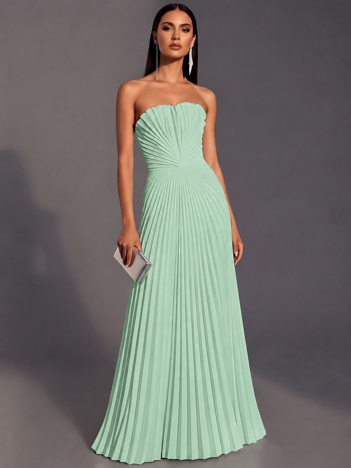 Mint Green Strapless Pleated Satin Prom Dress Long Formal Gown Evening Dress