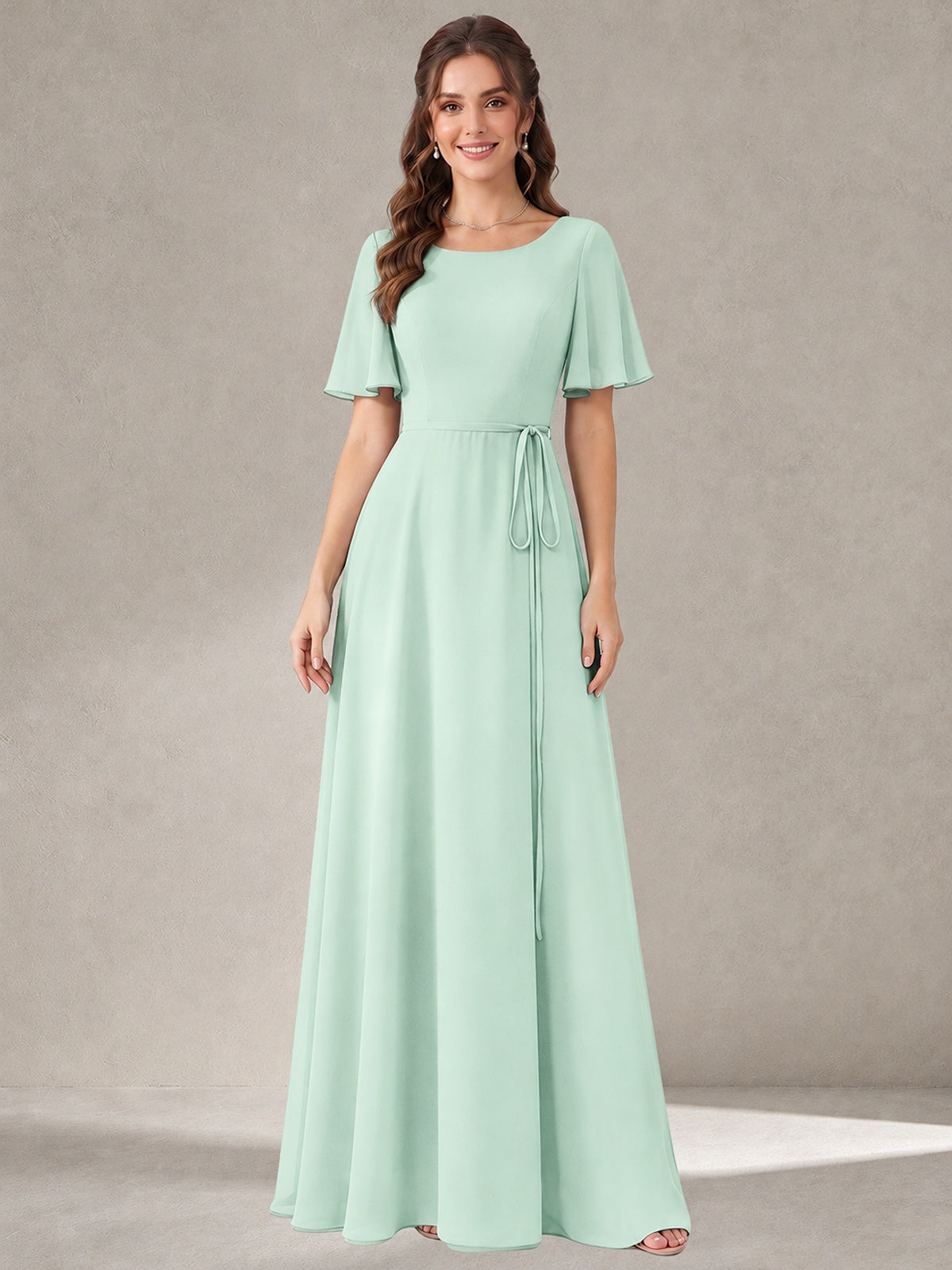 Mint Green Scoop Neck A-line Chiffon Bridesmaid Dress with Belt Flutter Sleeve Formal Wedding Guest Dress Evening Gown