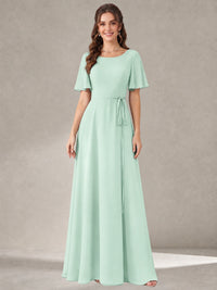 Mint Green Scoop Neck A-line Chiffon Bridesmaid Dress with Belt Flutter Sleeve Formal Wedding Guest Dress Evening Gown