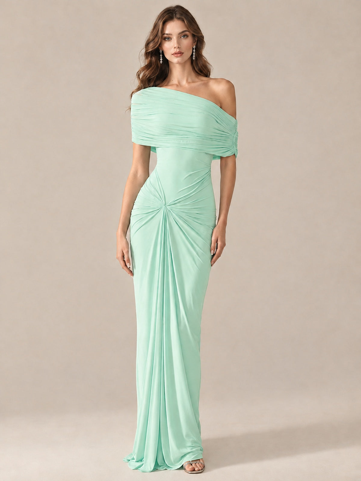 Elegant Draped Off Shoulder Ruched Mermaid Chiffon Formal Evening Gown