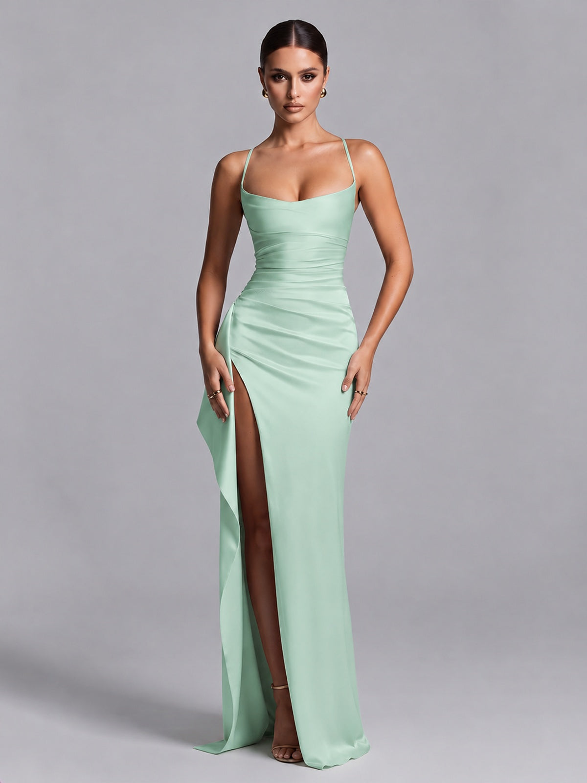 Mint Green Squre Neck Pleated Satin Prom Dresses for Teens Women Long Evening Formal Gown with Slit Ruffles