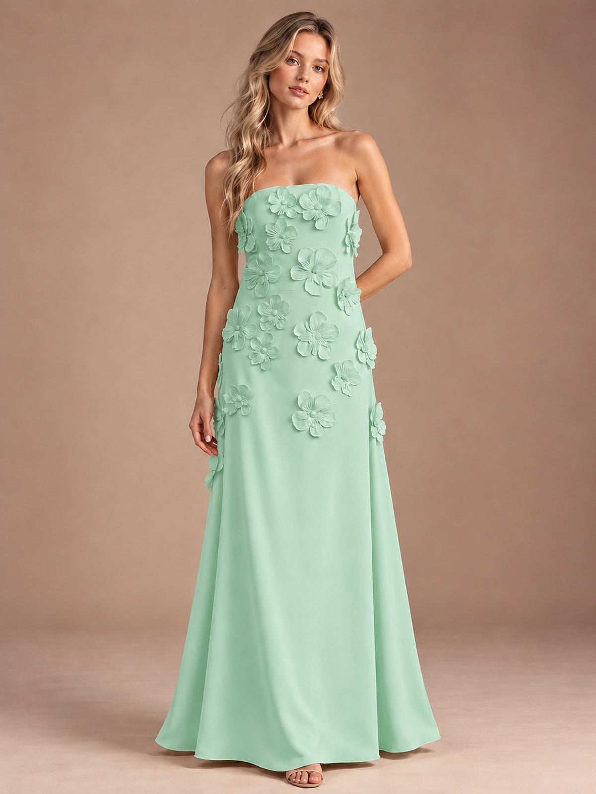 Mint Green-Strapless 3D Floral A-line Satin Prom Maxi Dress Formal Evening Gown