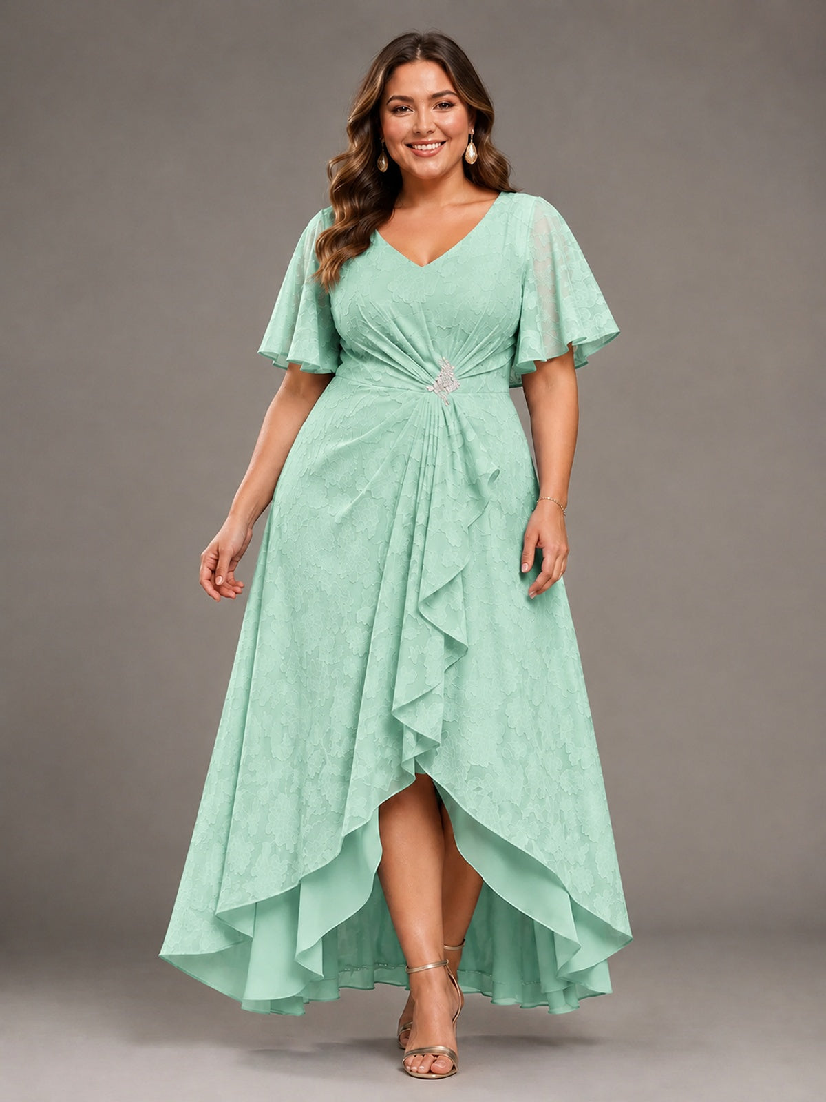 Jacquard Chiffon A-Line V-Neck High-Low Mother of the Bride Dress