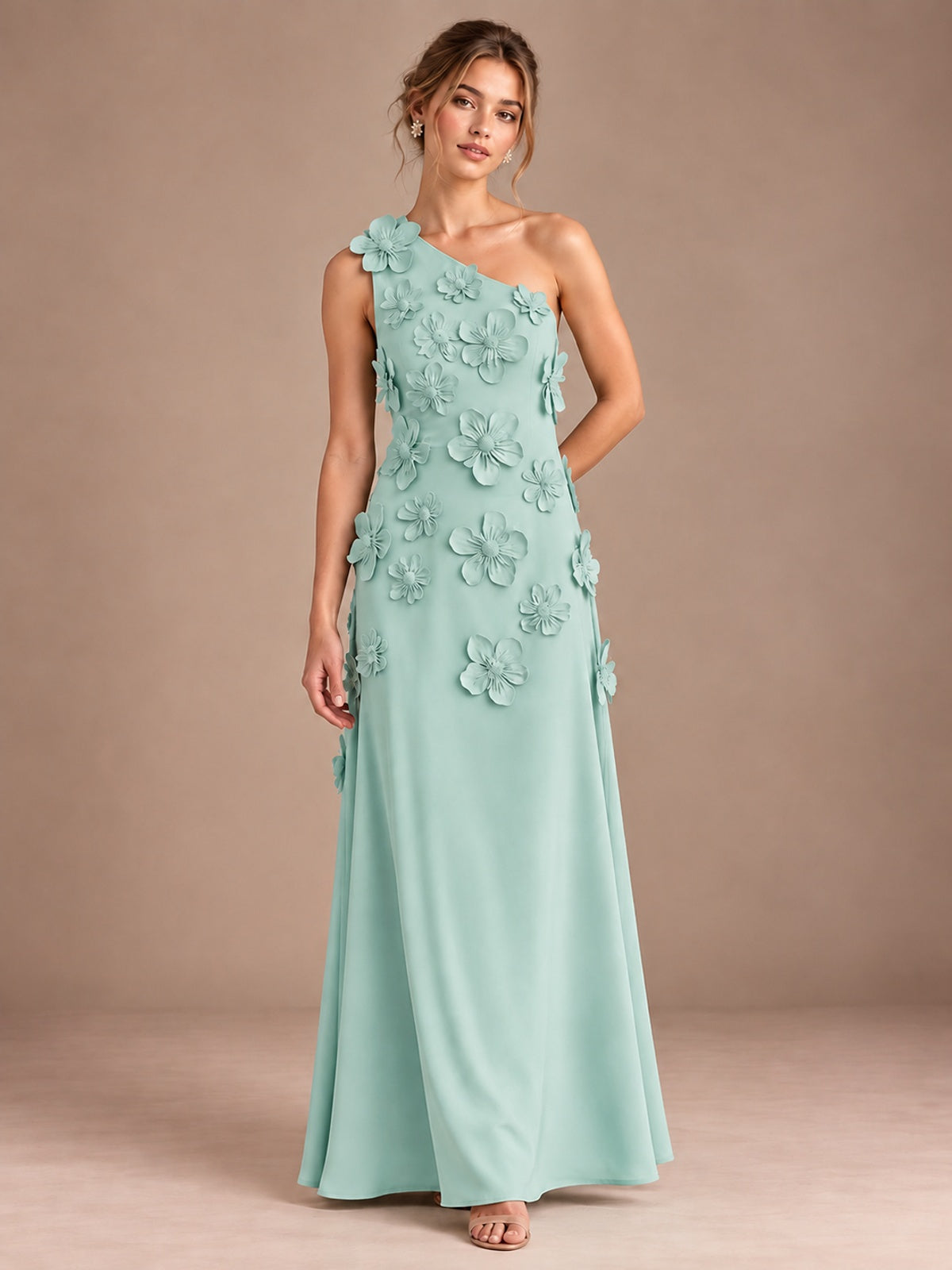 Mint Green- One Shoulder Satin Formal Maxi Dress with 3D Floral