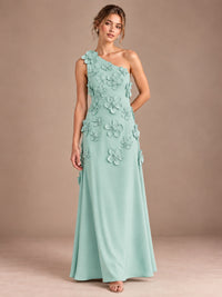 Mint Green- One Shoulder Satin Formal Maxi Dress with 3D Floral