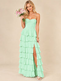 Ruffled Tiered Chiffon Prom Dress Spaghetti Straps Formal Maxi Dress with Slit