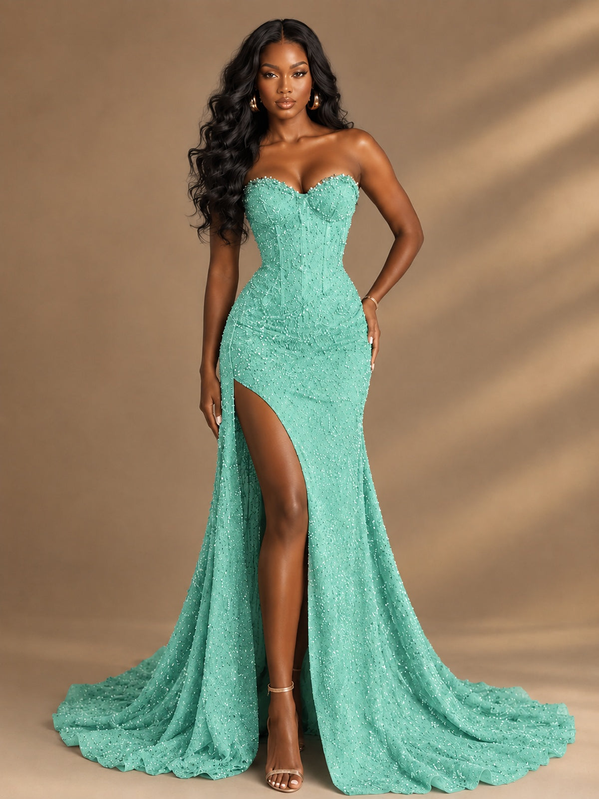Beaded Sequin Prom Dress Strapless Formal Gowns with High Slit Train