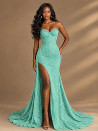 Beaded Sequin Prom Dress Strapless Formal Gowns with High Slit Train