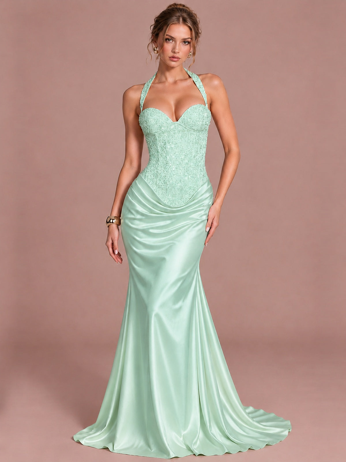 Mint Green Sparkling Halter Corset Satin Mermaid Prom Dress Long Ruched Sequin Formal Gown Evening Party Dress