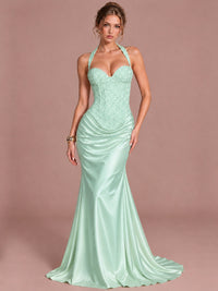 Mint Green Sparkling Halter Corset Satin Mermaid Prom Dress Long Ruched Sequin Formal Gown Evening Party Dress