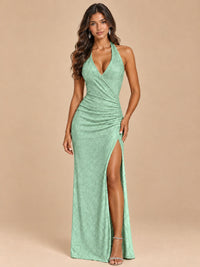Halter V-Neck Sequin Mermaid Prom Dress with High Slit