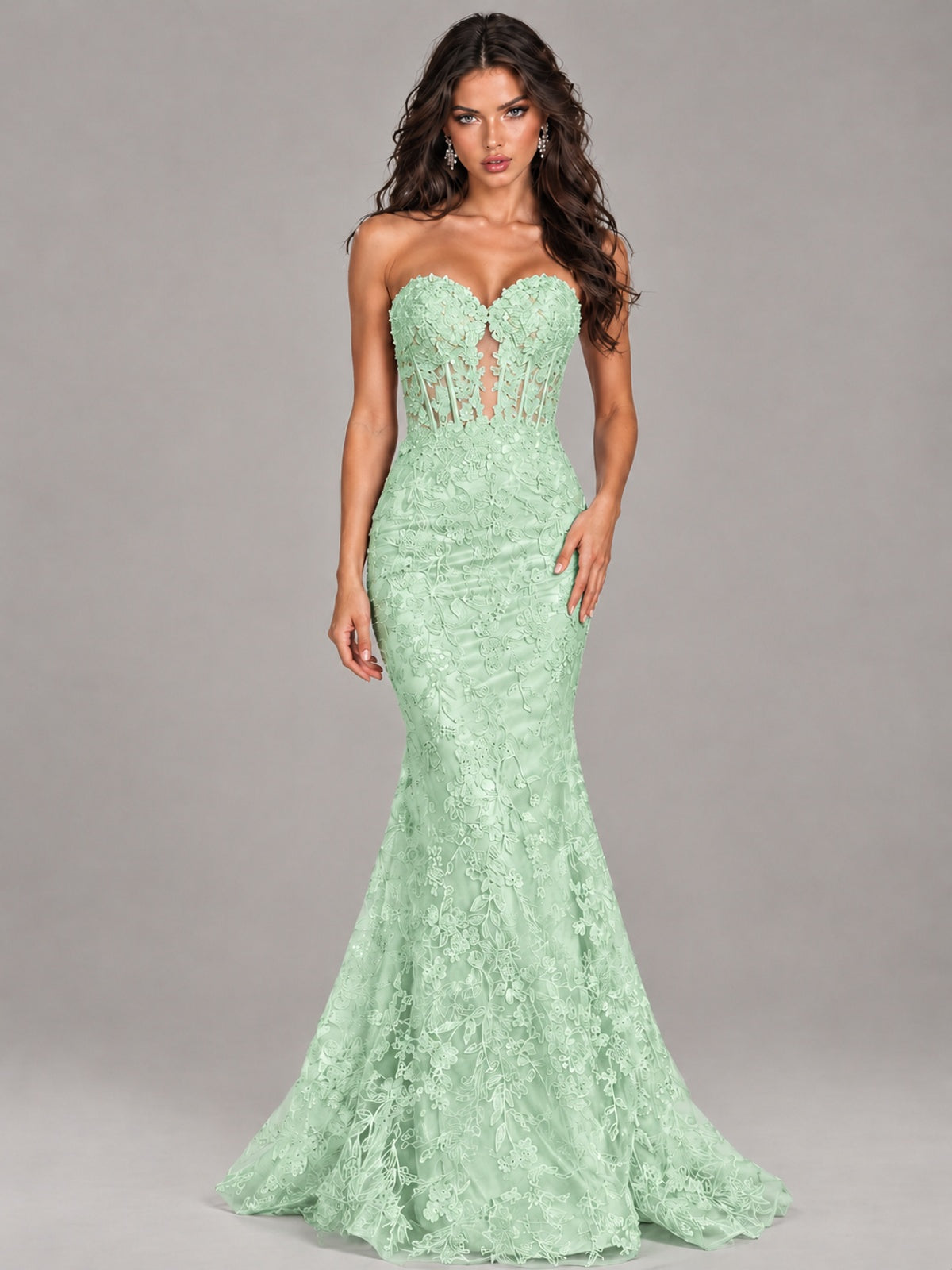 Strapless Corset Mermaid Prom Dress Lace Appliqué Formal Gown