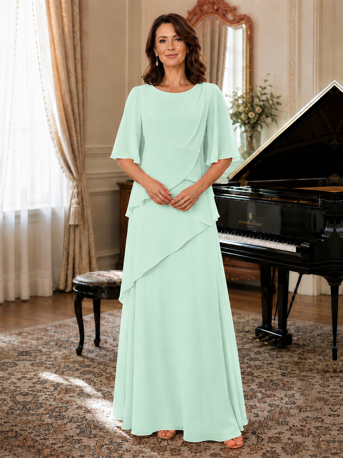 Asymmetric Draped Chiffon Mother of the Bride Dress with Flutter Sleeves