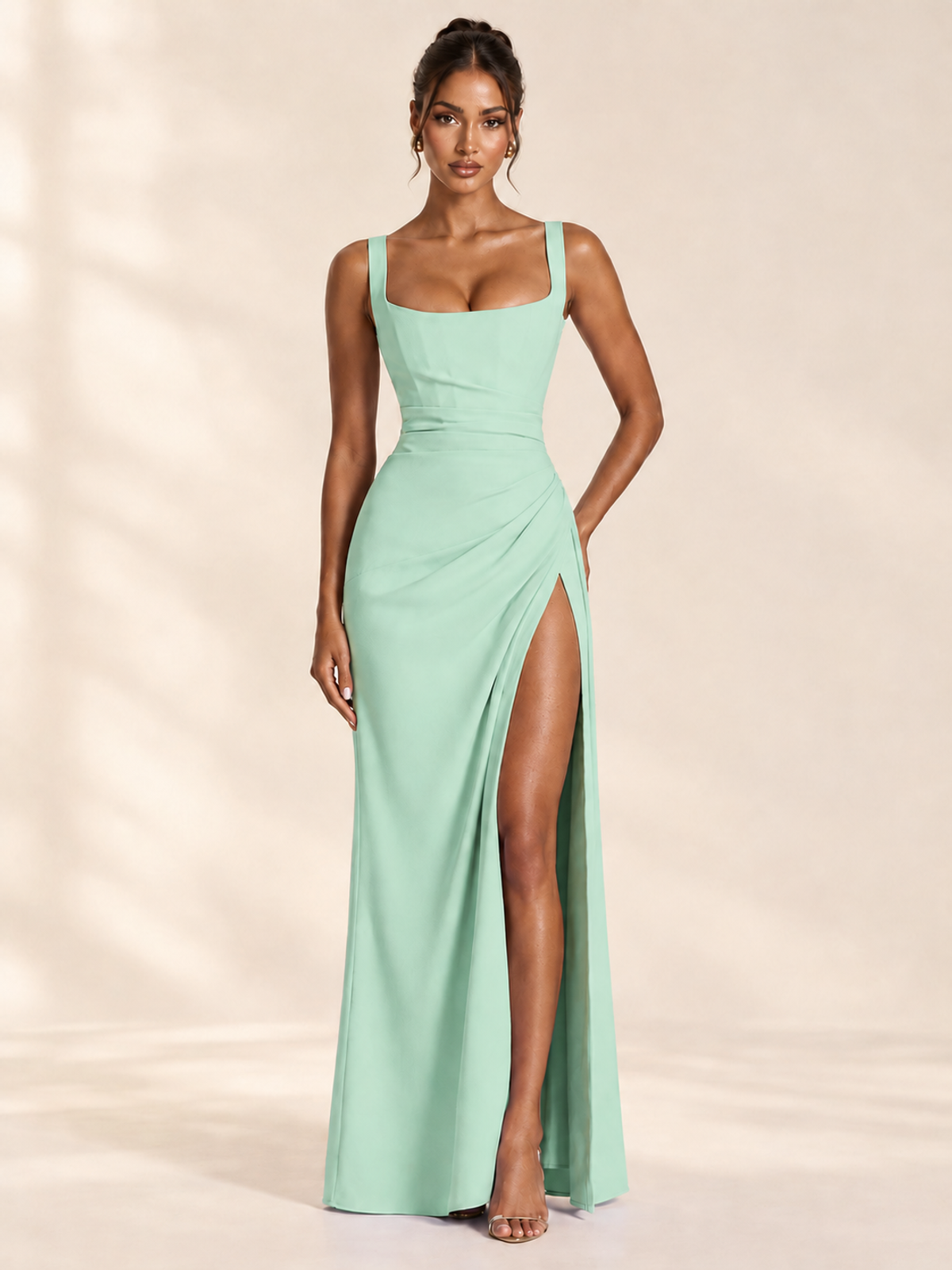 Square Neck Satin Sleeveless Ruched Prom Dress with High Slit