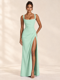 Square Neck Satin Sleeveless Ruched Prom Dress with High Slit