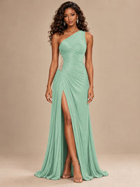 Burgundy One Shoulder Ruched Prom Dress with High Slit & Beaded Waist
