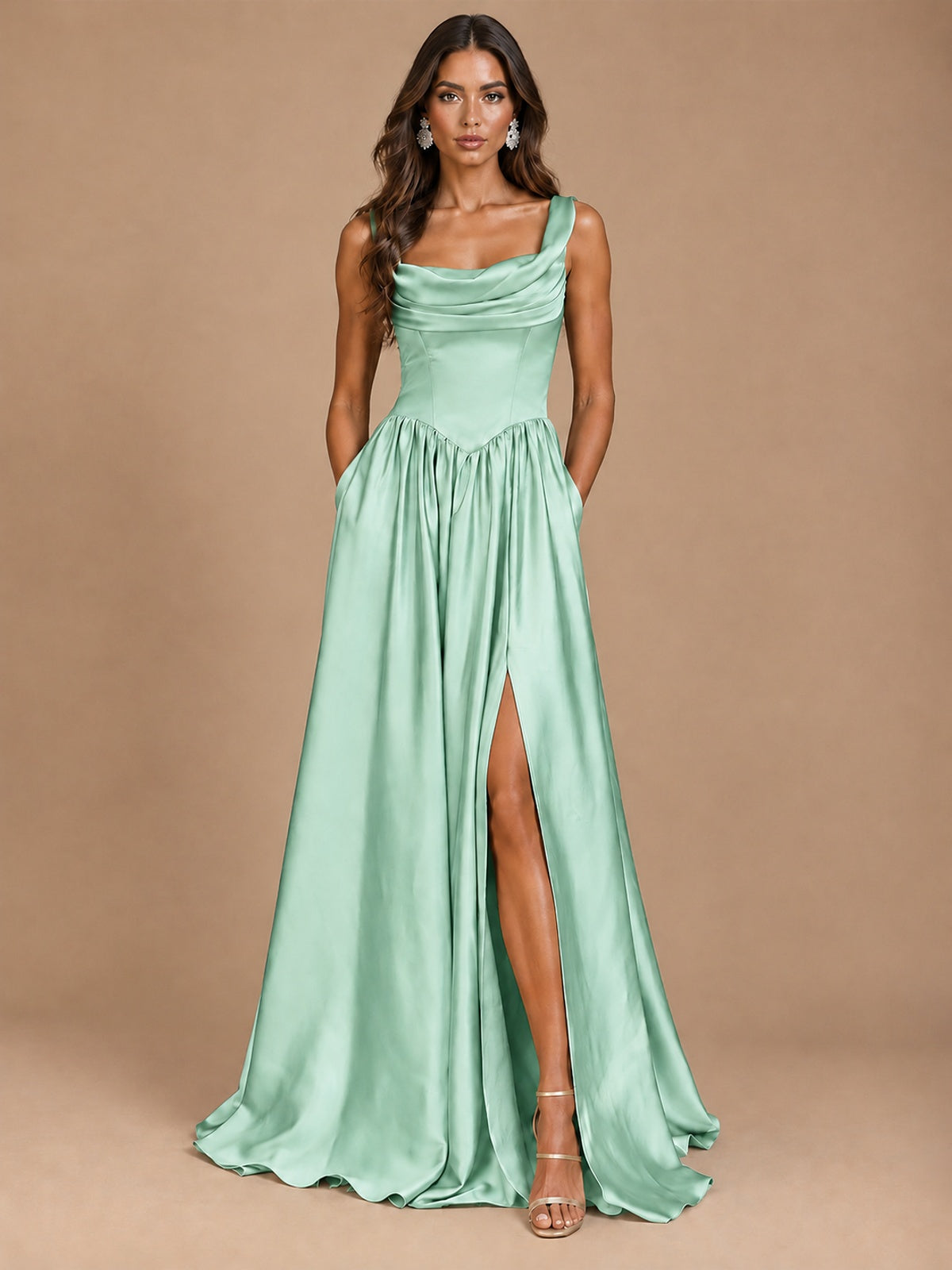 Cowl Neck Pleated Satin Prom Dress with Pockets & Slit Maxi Formal Gowns