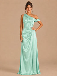 Mint Green-satin one shoulder prom dress ruched long formal gow Jovelle