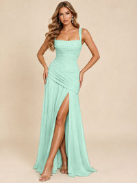 Wrap Pleated Prom Dress Scoop Neck with Slit Women Wedding Formal Dress