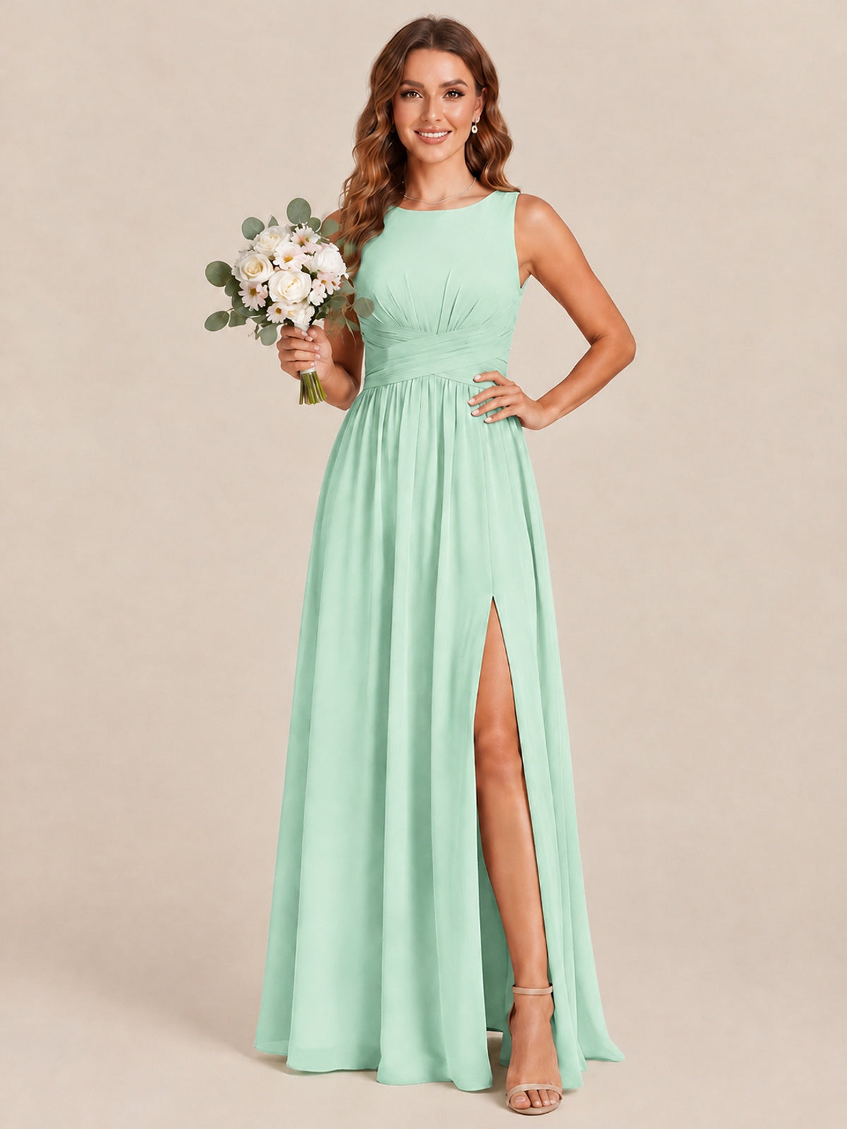 A-line Sleeveless Rucehd Chiffon Bridesmaid Dress with High Slit