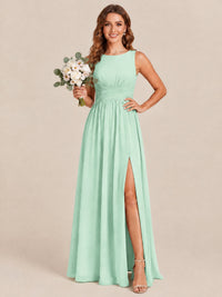 A-line Sleeveless Rucehd Chiffon Bridesmaid Dress with High Slit