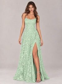Floral Lace A-Line Prom Dress with Spaghetti Straps & High Slit