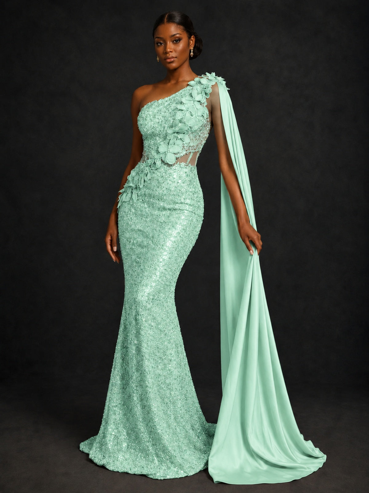Gold Sequin One Shoulder Mermaid Prom Dress with Cape