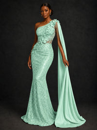Gold Sequin One Shoulder Mermaid Prom Dress with Cape