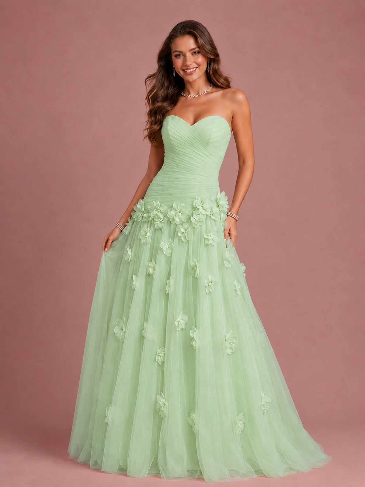 Blush Pink Strapless Sweetheart 3D Floral Tulle Ball Gown Prom Dres