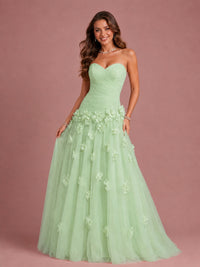 Blush Pink Strapless Sweetheart 3D Floral Tulle Ball Gown Prom Dres