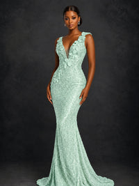 Gold Sequin Floral Applique Mermaid Prom Dress