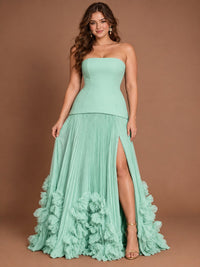 Strapless Pleated Floral Satin Formal Dress with Side Slit