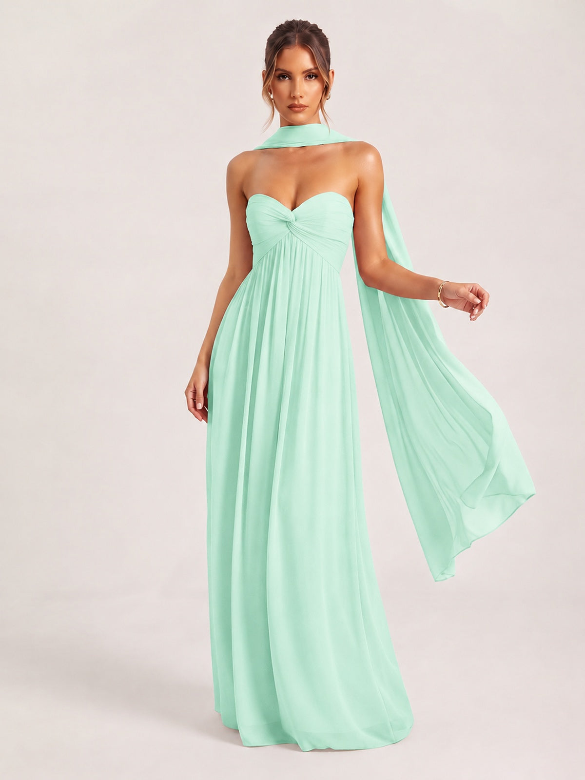 Mint Green Strapless Ruched Chiffon Long Prom Dress with Scarf A-line Sweetheart Ruffled Formal Wedding Guest Dress Evening Gown