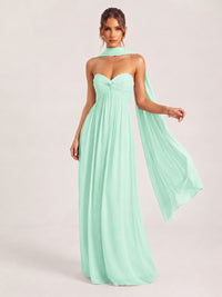 Mint Green Strapless Ruched Chiffon Long Prom Dress with Scarf A-line Sweetheart Ruffled Formal Wedding Guest Dress Evening Gown