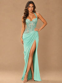 Sweetheart Halter Prom Dress Pleated Lace Floral Formal Dress with Slit
