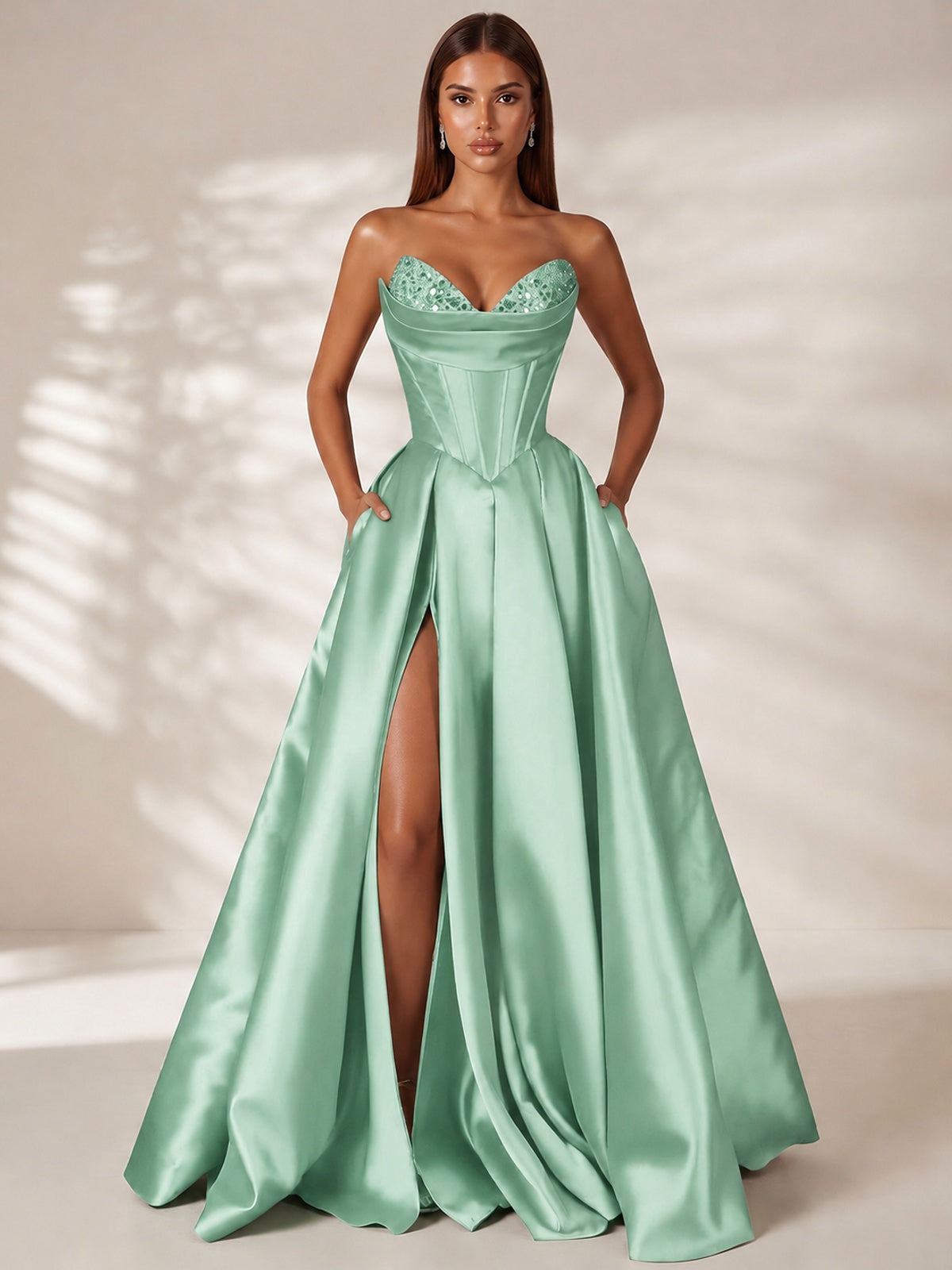 Mint Green Strapless Corset Satin Prom Dress Long Evening Gown with High Slit