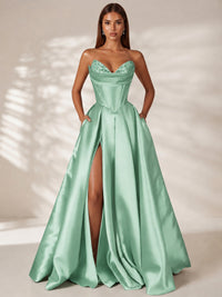 Mint Green Strapless Corset Satin Prom Dress Long Evening Gown with High Slit
