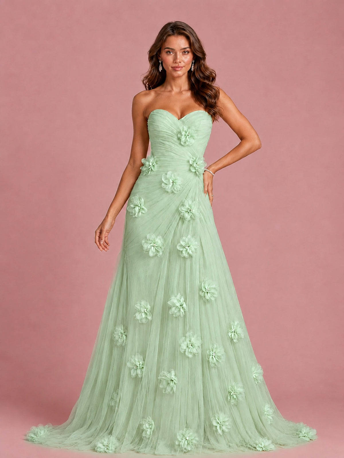 3D Floral Applique Strapless Tulle Prom Dress with High Slit