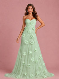 3D Floral Applique Strapless Tulle Prom Dress with High Slit